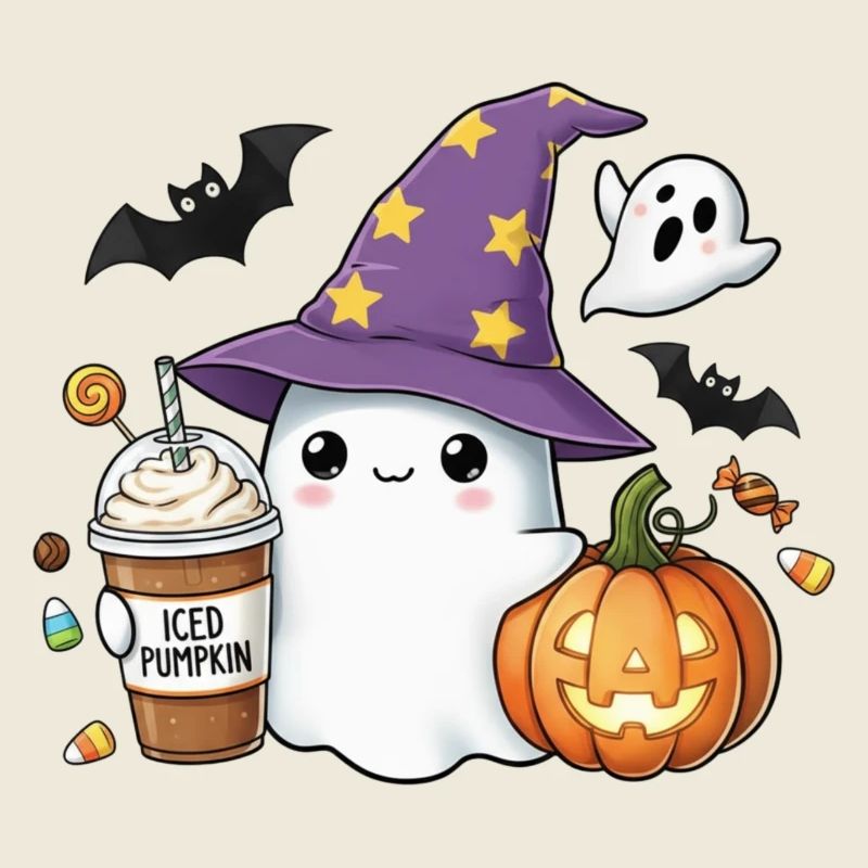 Cute Ghost Coffee Hat Cartoon Halloween Ghost