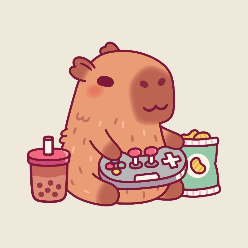Capybara mignon jouant à des jeux vidéo avec du thé boba