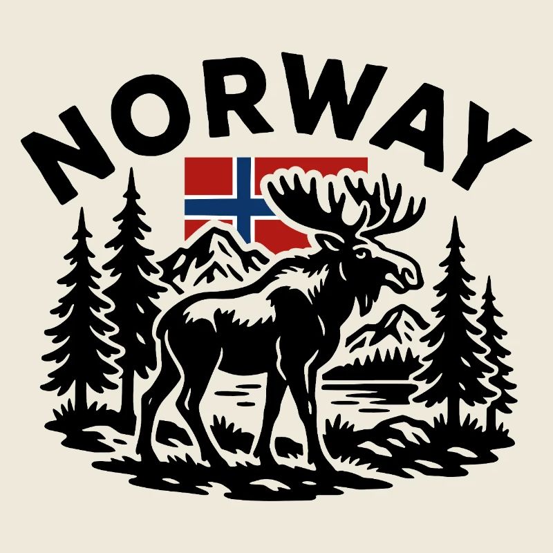 Norwegian forest landscape with moose and flag