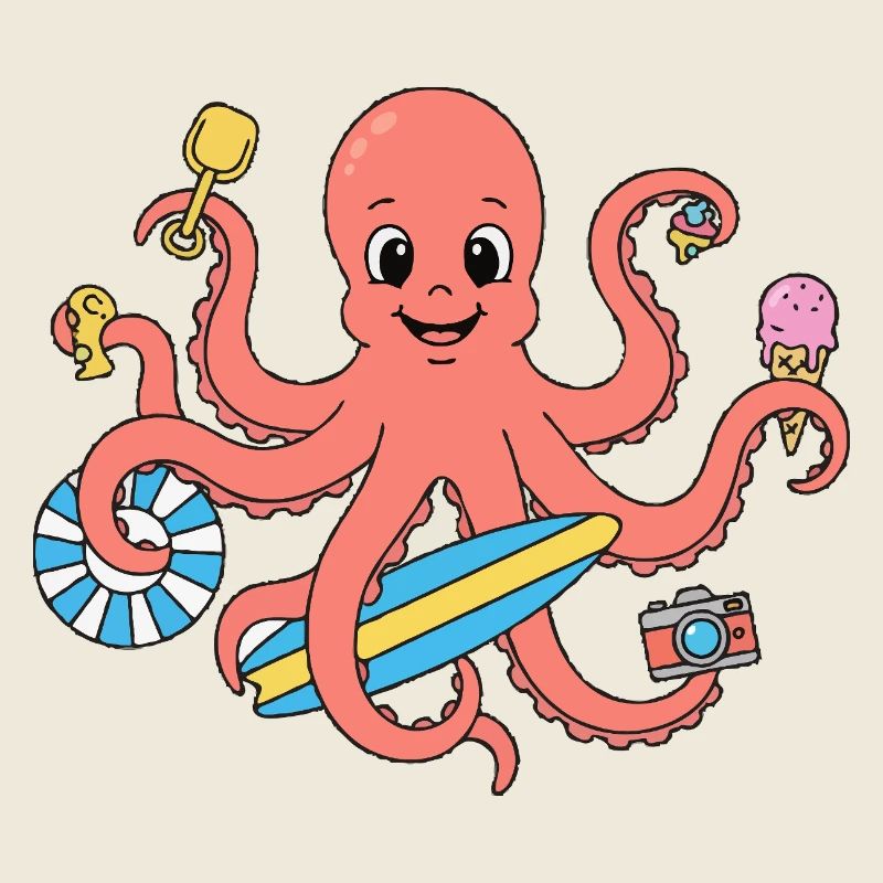 Pieuvre d’été avec surf et accessoires