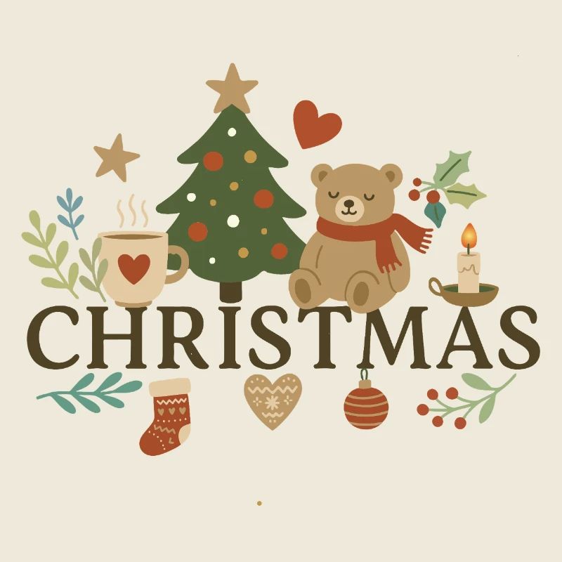 Cute Christmas motif with teddy bear &amp; tree