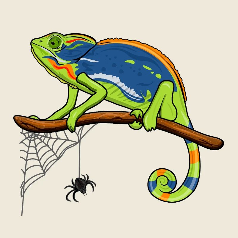 Caméléon sur la branche avec la toile d’araignée
