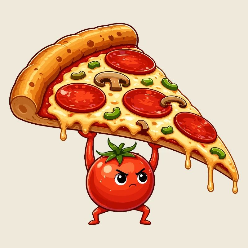 Le héros de la tomate soulève une part de pizza