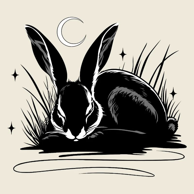Sleeping rabbit in the grass with moon and stars