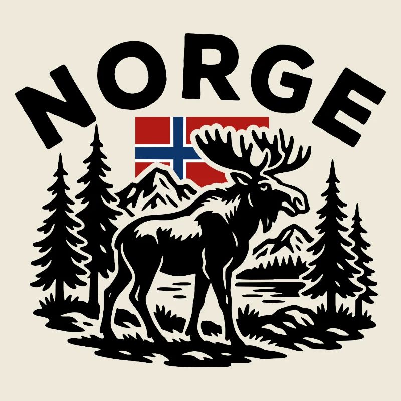 Paysage forestier norvégien avec élan et drapeau