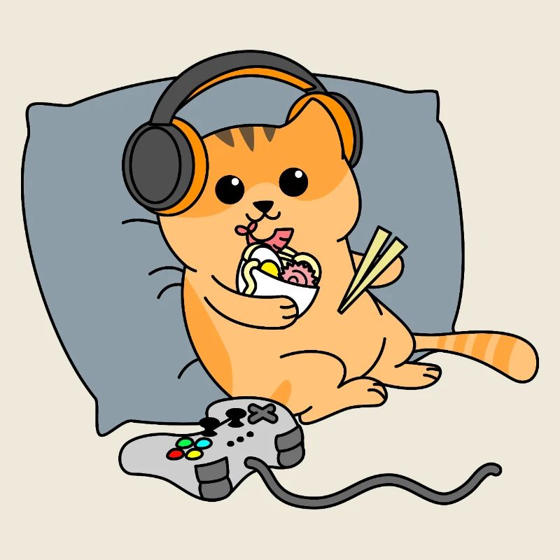Chat jouant aux jeux vidéo au lit Mangeant des ramen