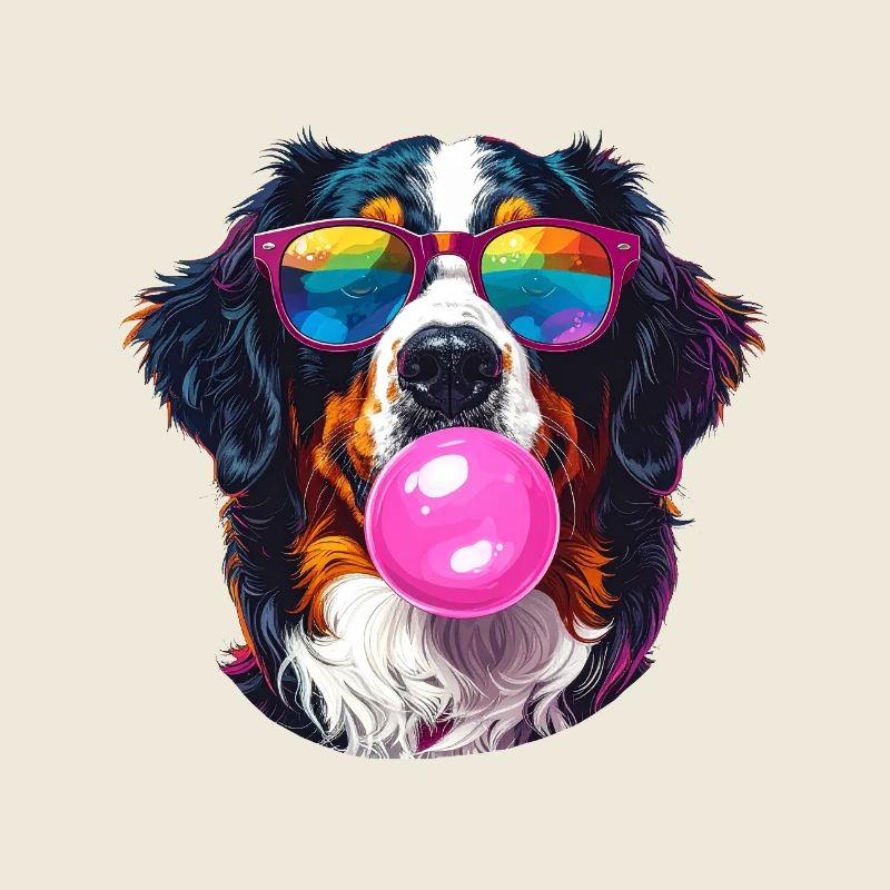 Bunter Berner Sennenhun mit Bubblegum-Sonnenbrille