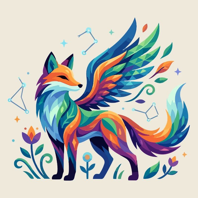 Colorful fantasy fox with wings cosmic pattern