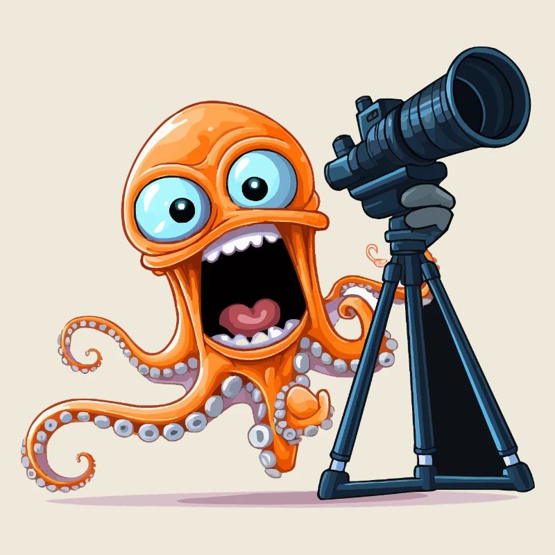 Orangener Oktopus Fotograf mit Kamera