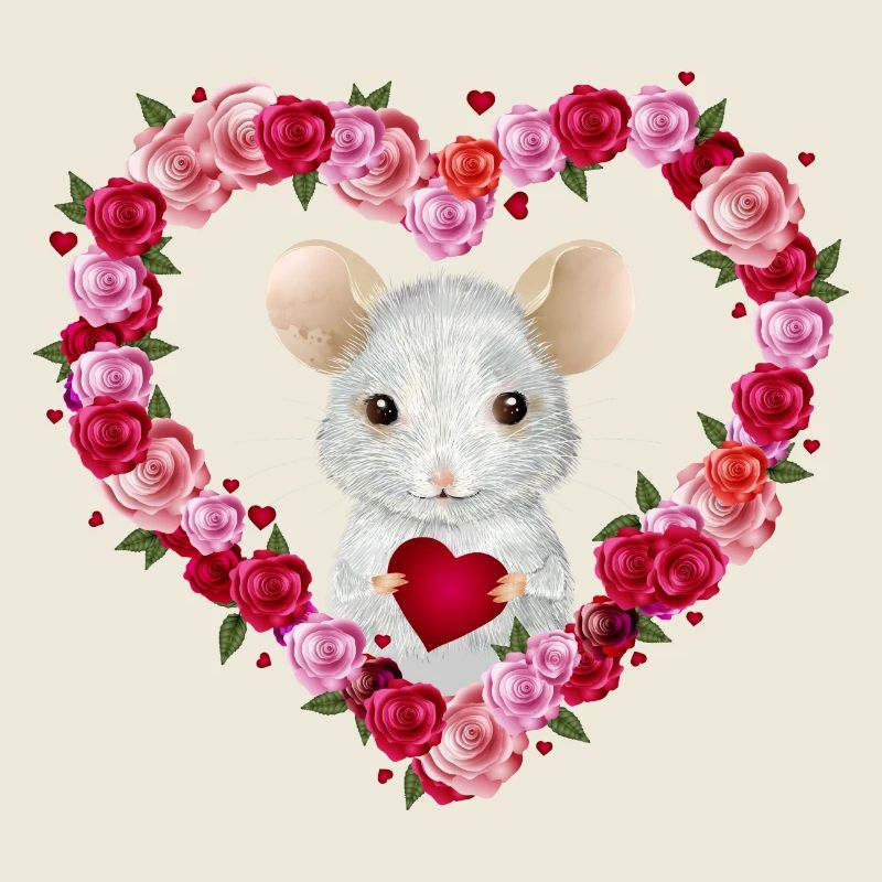 Souris blanche avec coeur de roses pour la Saint-Valentin