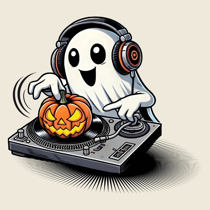 Happy Halloween ghost as a DJ with a pumpkin