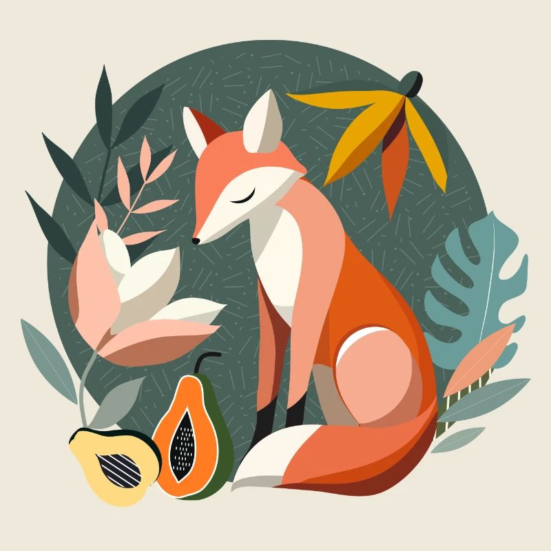 Fuchs mit tropischen Blüten und Früchten