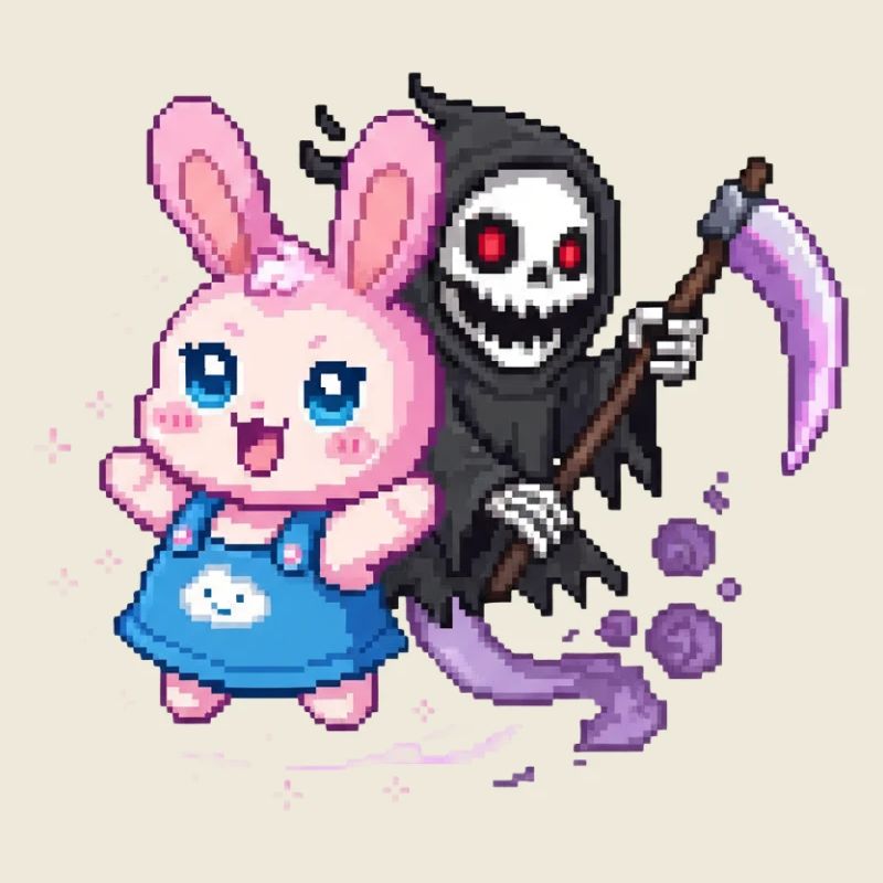 Pastel Goth Bunny Meets Grim Reaper Pixel Art