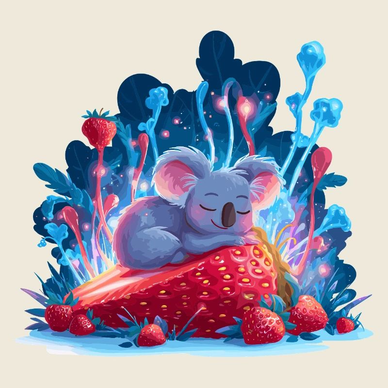 Koala endormi sur une forêt de néons de fraises