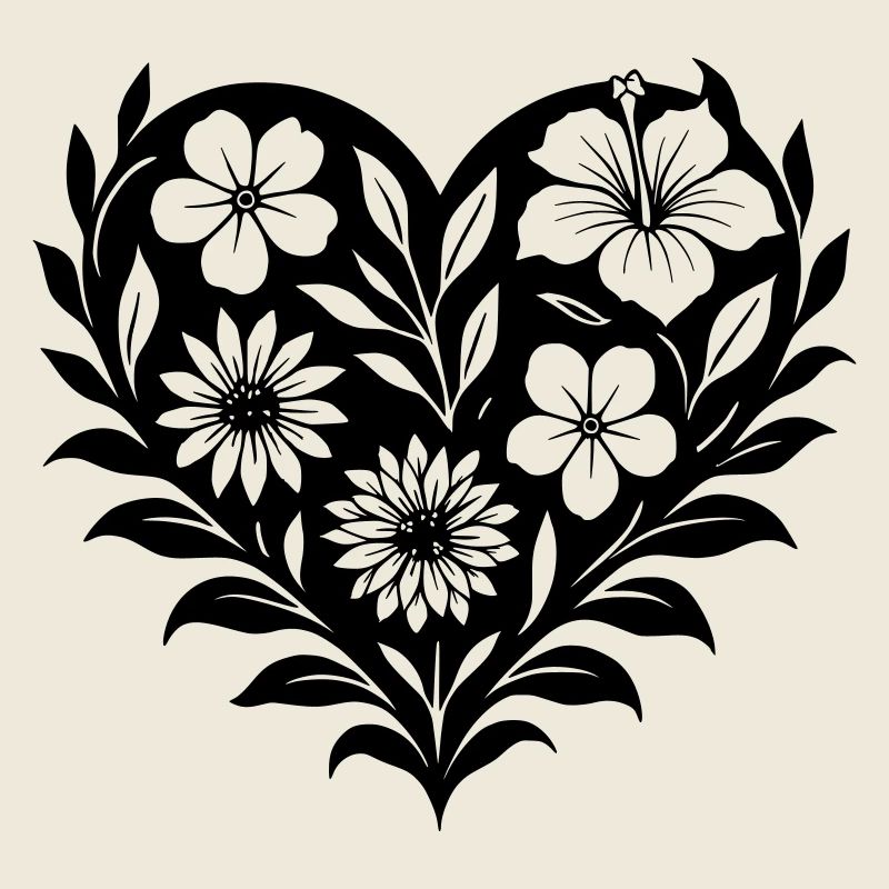 Blumenherz - Blumenmuster Herz auf Schwarz