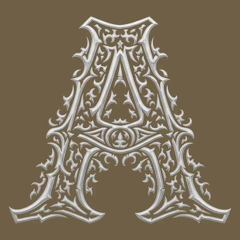 Lettre A ornée d'arabesques argentées