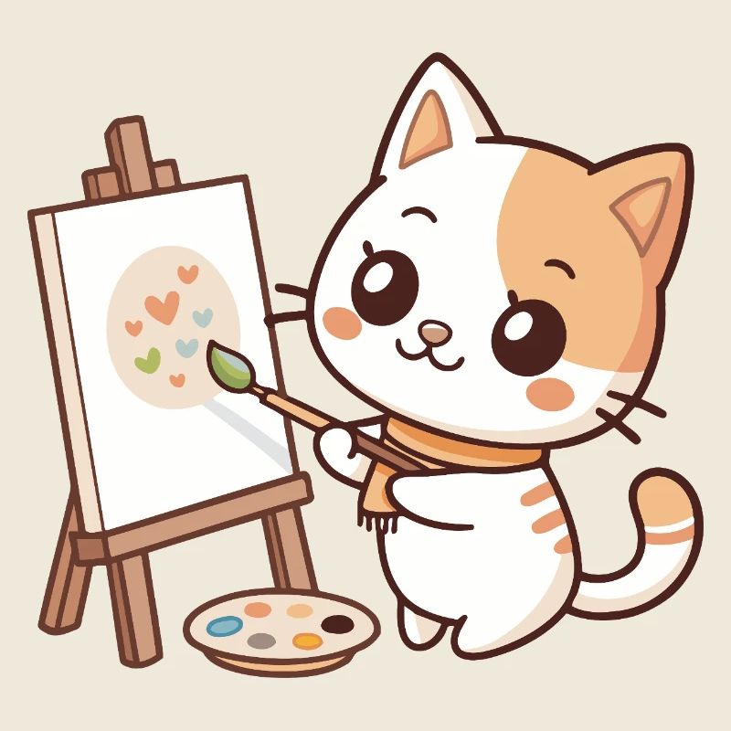 Kawaii-Malerkatze auf Pastellpalette