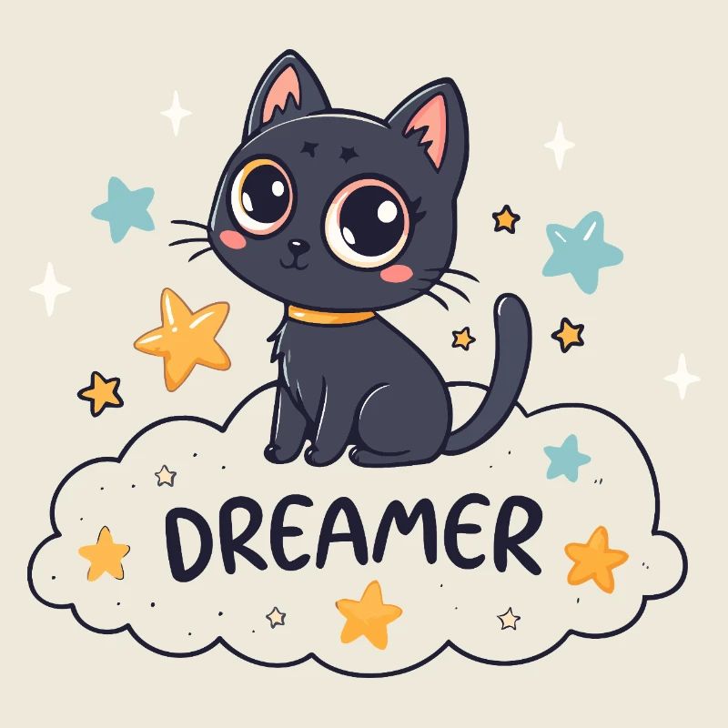 Chat rêveur étoilé sur nuage