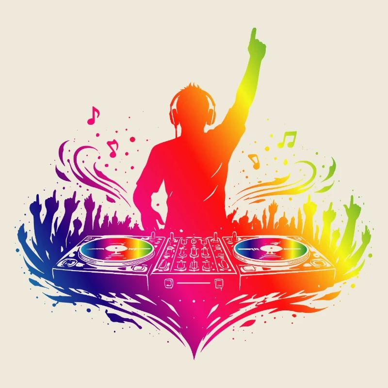 Colorful DJ with turntables and beats