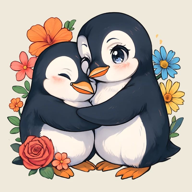 Cuddly penguins in the flower circle