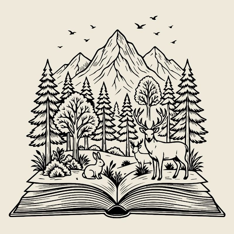 Livre ouvert avec design de forêt, cerf et lapin