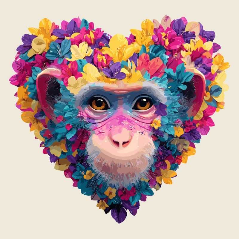 Jeu de couleurs cœur de singe avec guirlande de fleurs