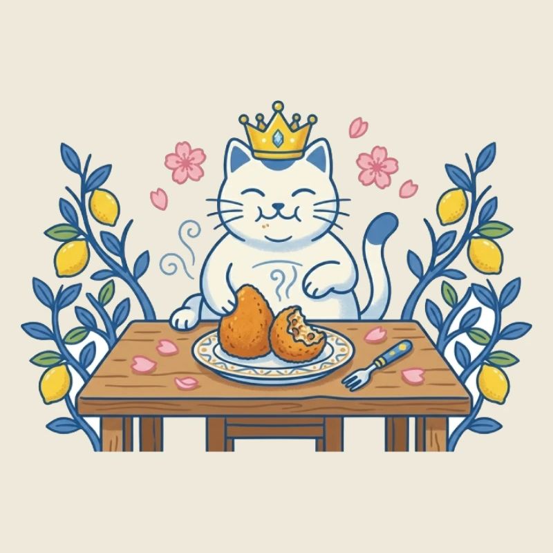Chat roi à table avec des croquettes