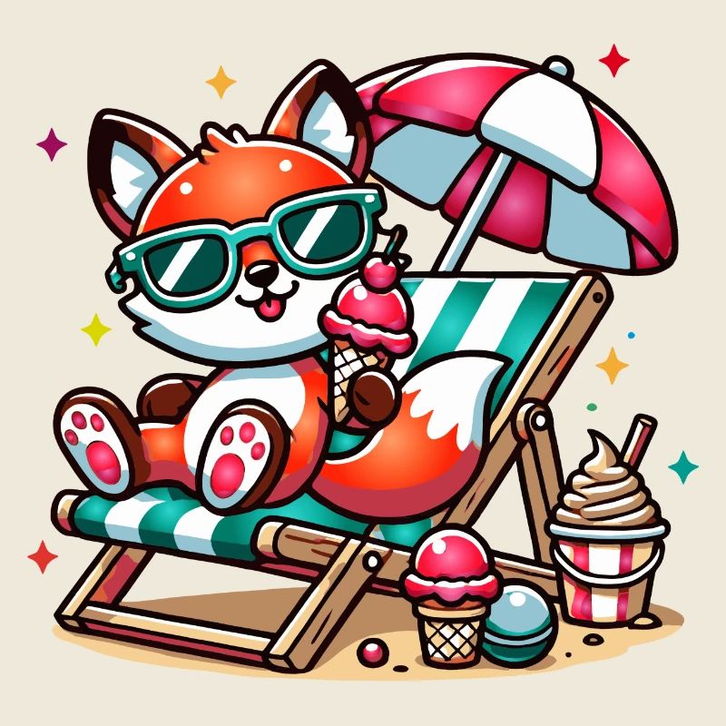 Cheerful cartoon fox on the beach on a lounger