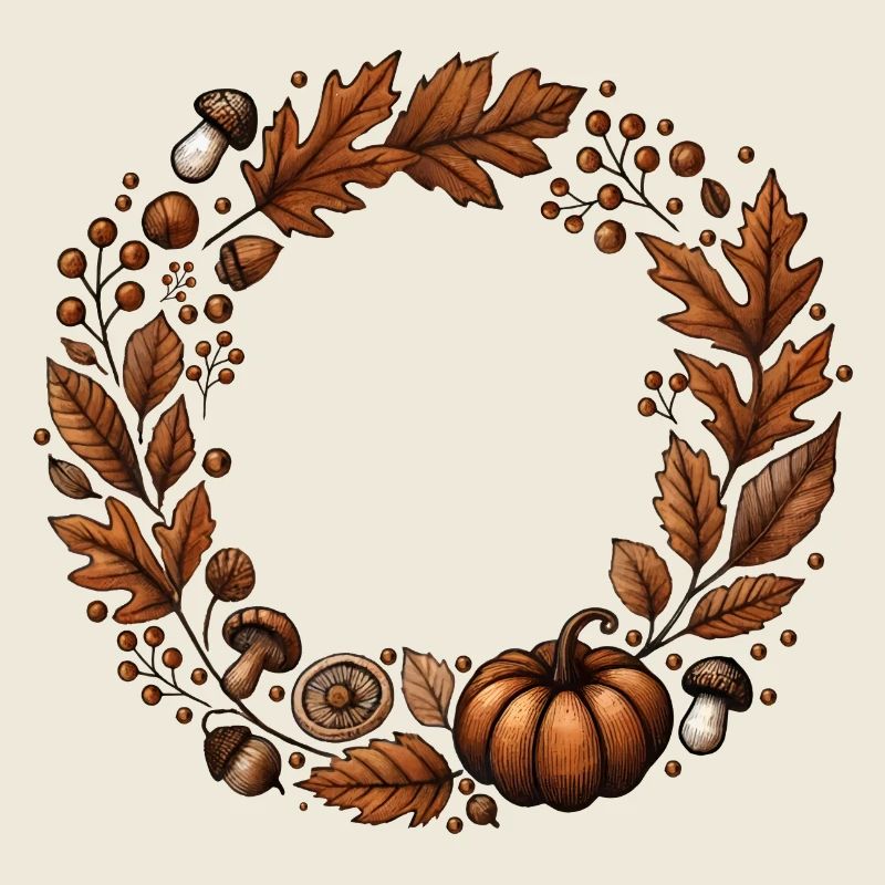 couronne d’automne chaude avec des feuilles, des champignons et de la citrouille