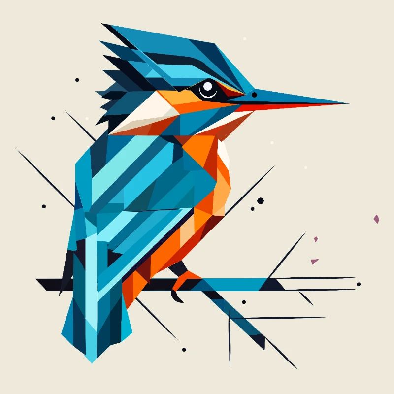 Geometric Kingfisher on a Branch – Modern Natural Art