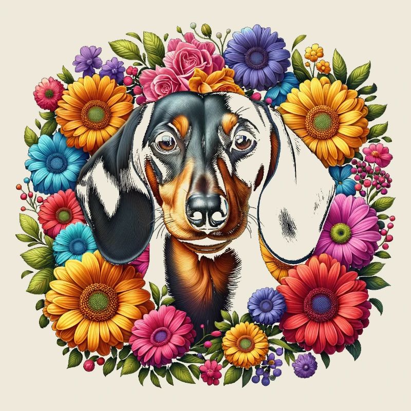 Teckel aux fleurs colorées