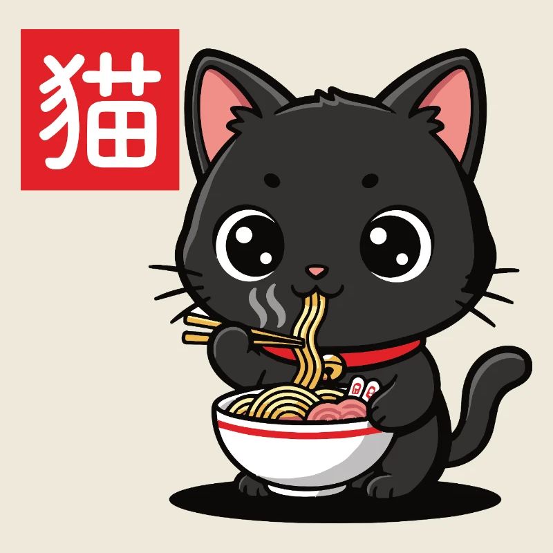 Chaton mange Ramen Illustration