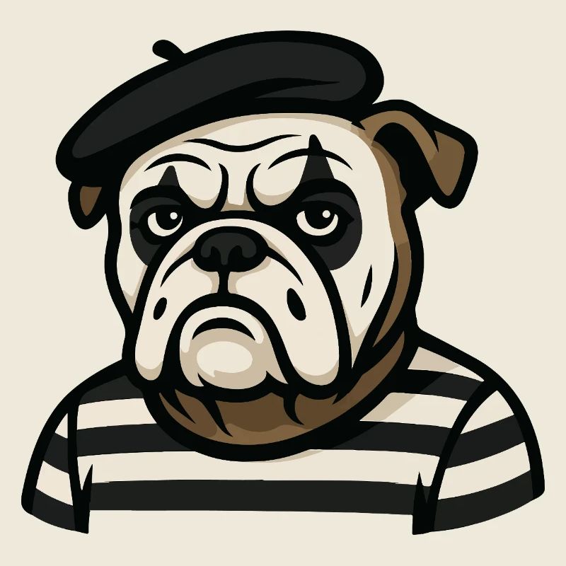 Bouledogue mime en costume noir et blanc