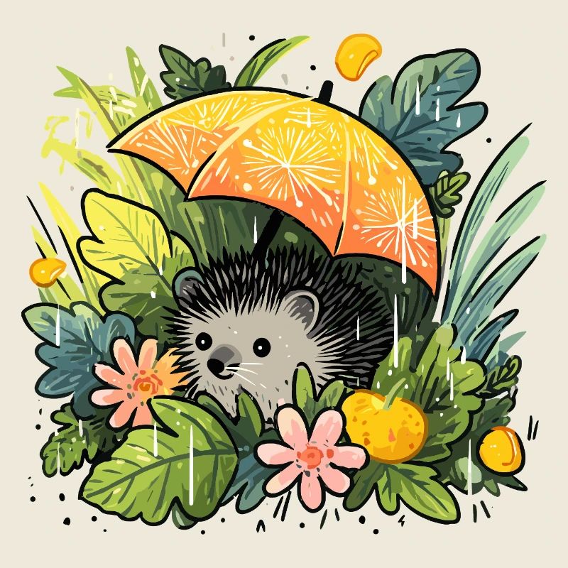Hérisson avec un parapluie orange dans la jungle