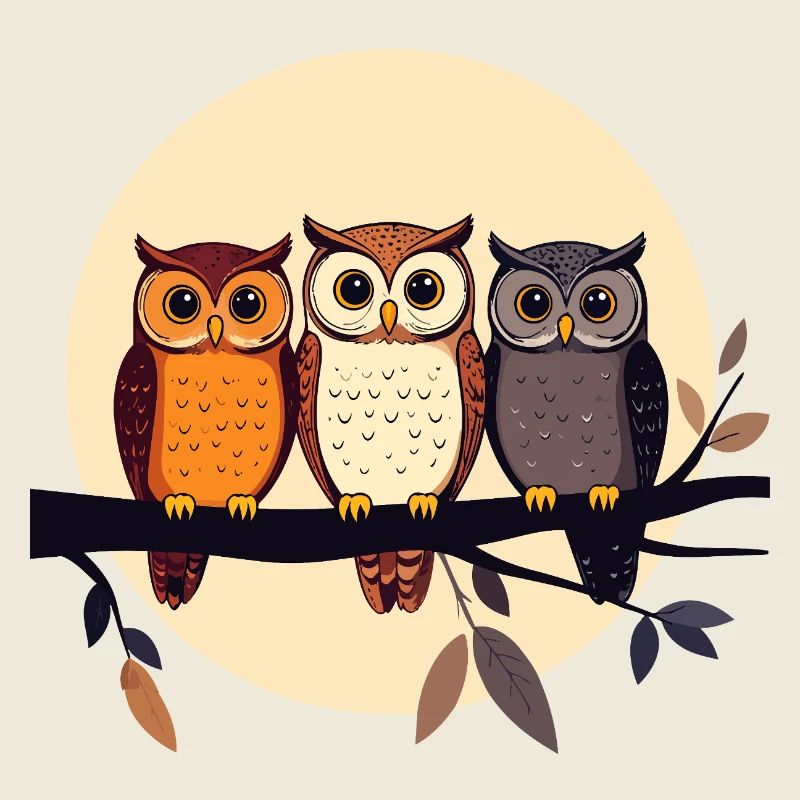 Three owls on a branch in the moonlight owl motif