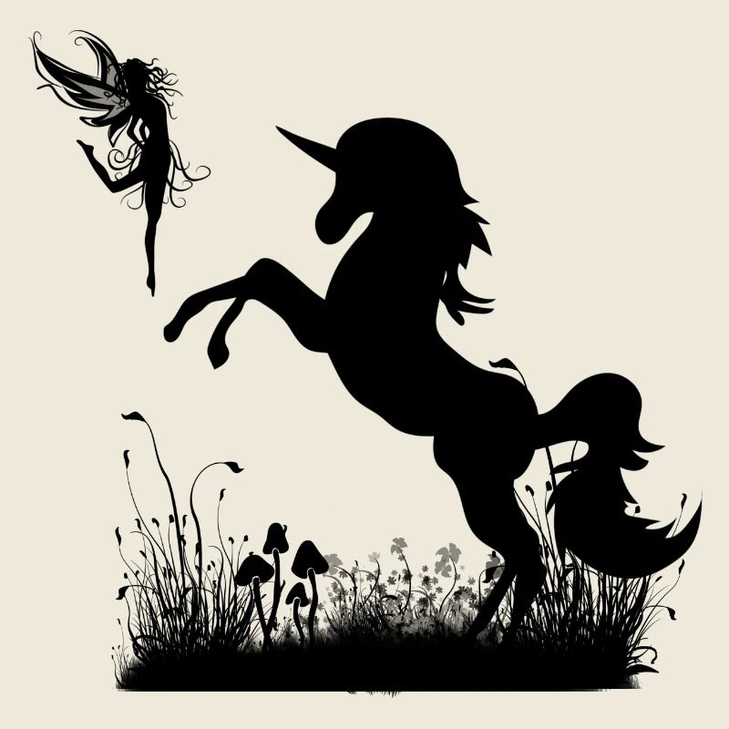 Unicorn and fairy playing at sunset.