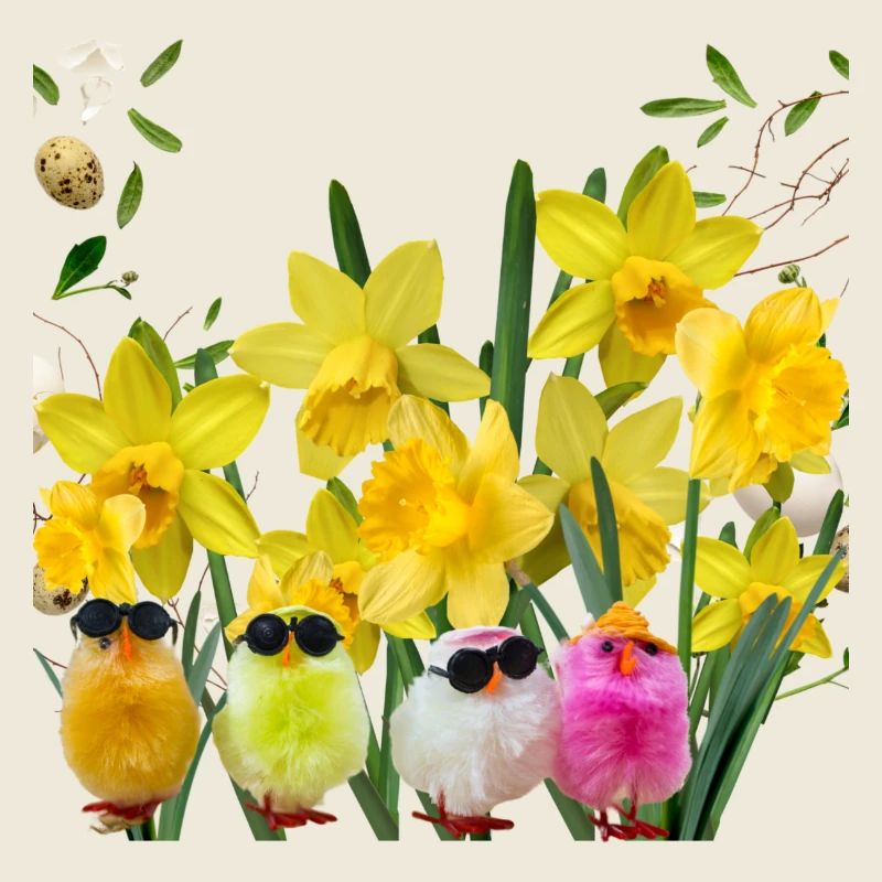 Poussins à lunettes et jonquilles 