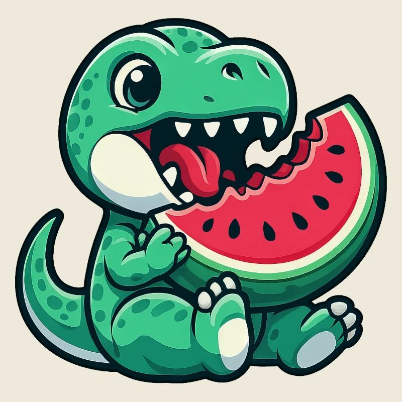 Dino T-Rex avec plaisir aux fruits d’été à la pastèque