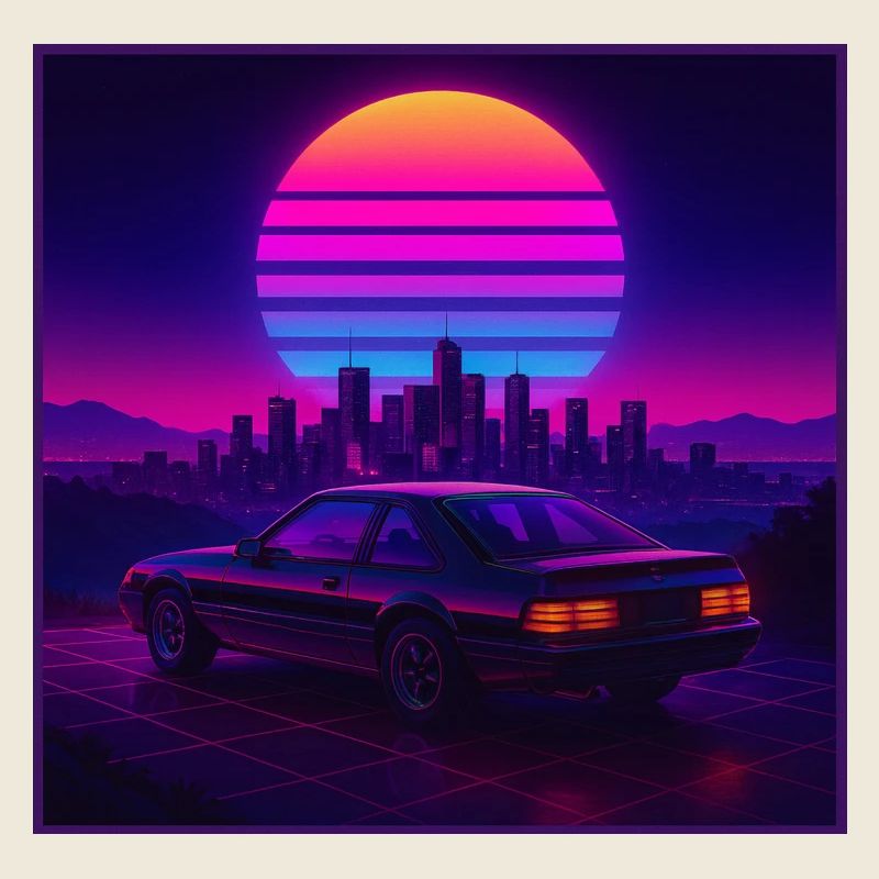 Neon Outrun Sunset Car – Retro Synthwave