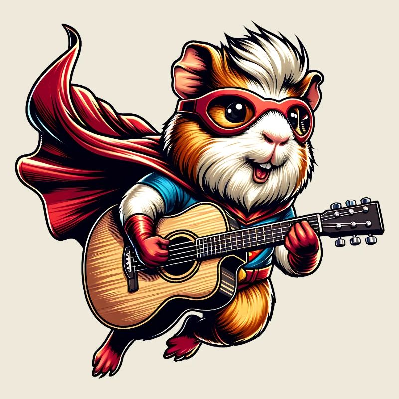 Cochon d’Inde super-héros avec des roches de guitare