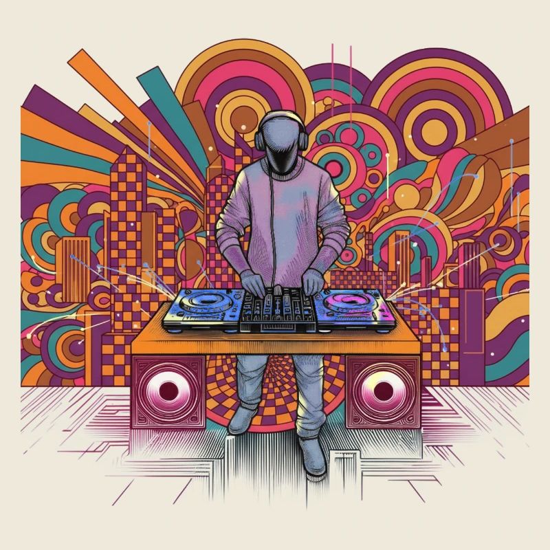 Futuristischer DJ im psychedelischen Hintergrund