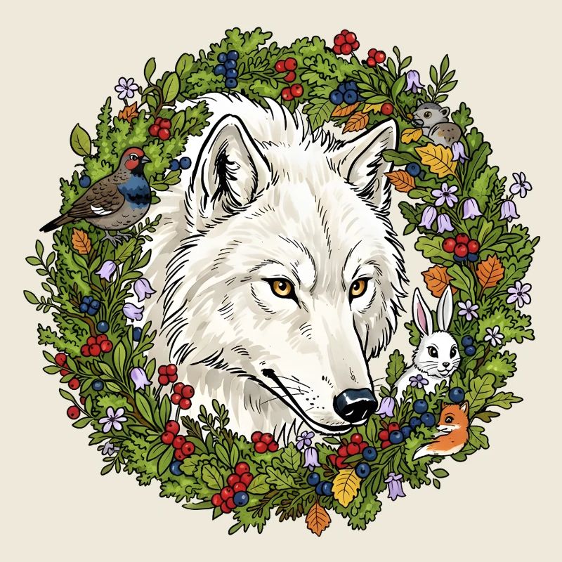 Weißer Waldwolf im Blumenkranz
