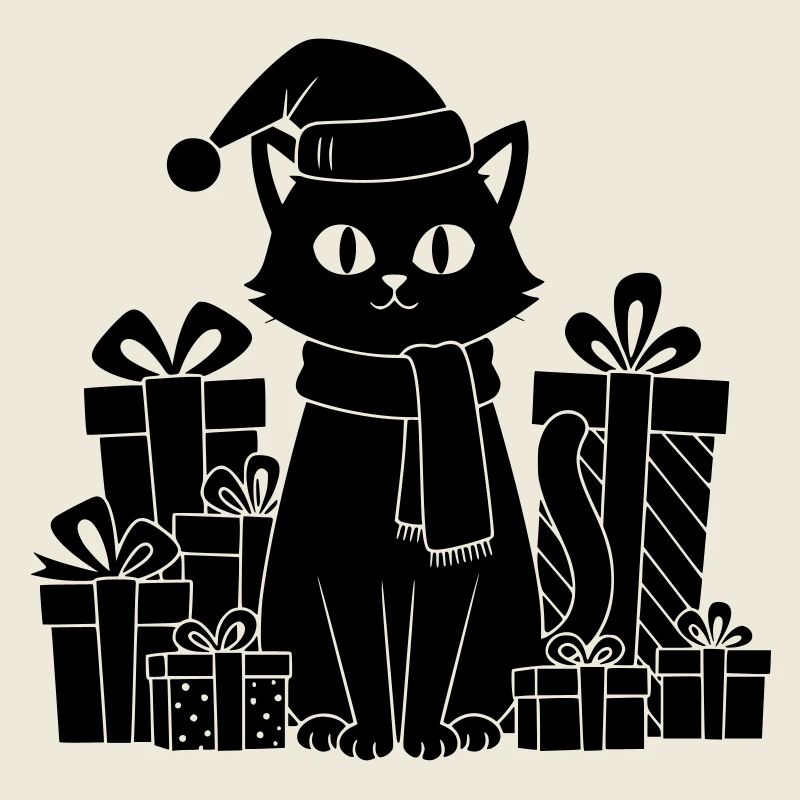 Weihnachtskatze zwischen Geschenken