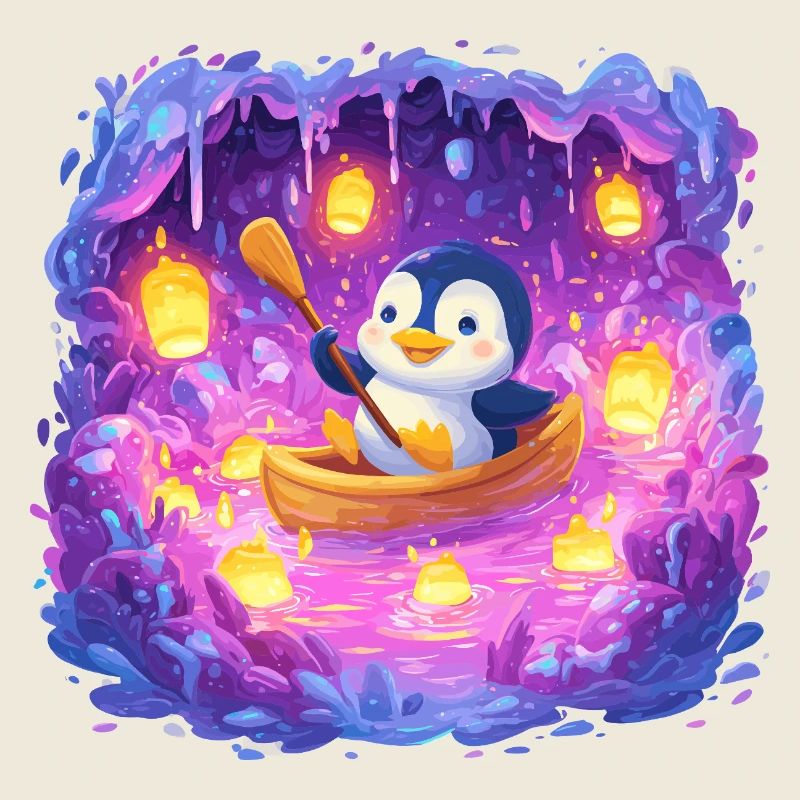 Glowing penguin in the cave boat