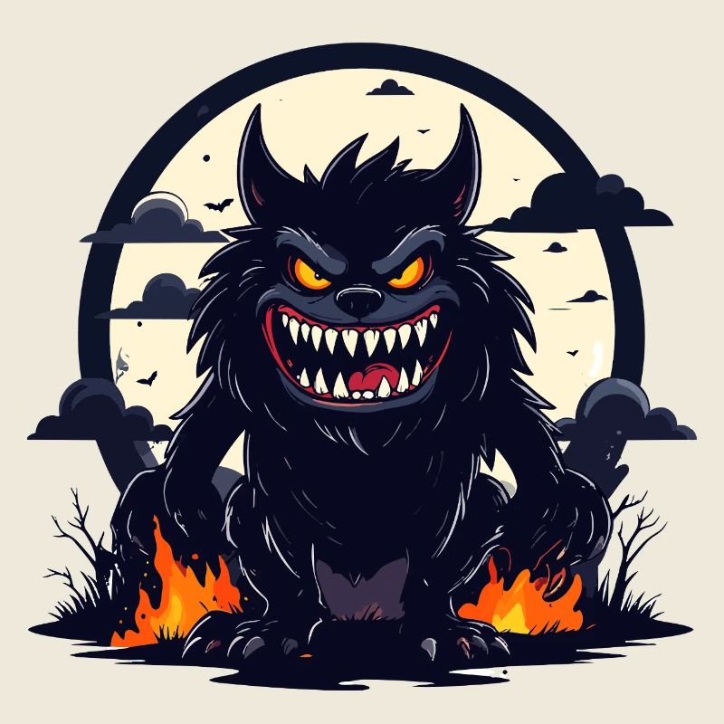 Monstre Loup-Garou de Nuit Clair de Lune avec Flammes de Feu