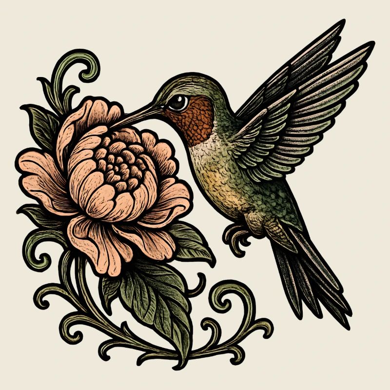 Colibri avec un tatouage vintage rose