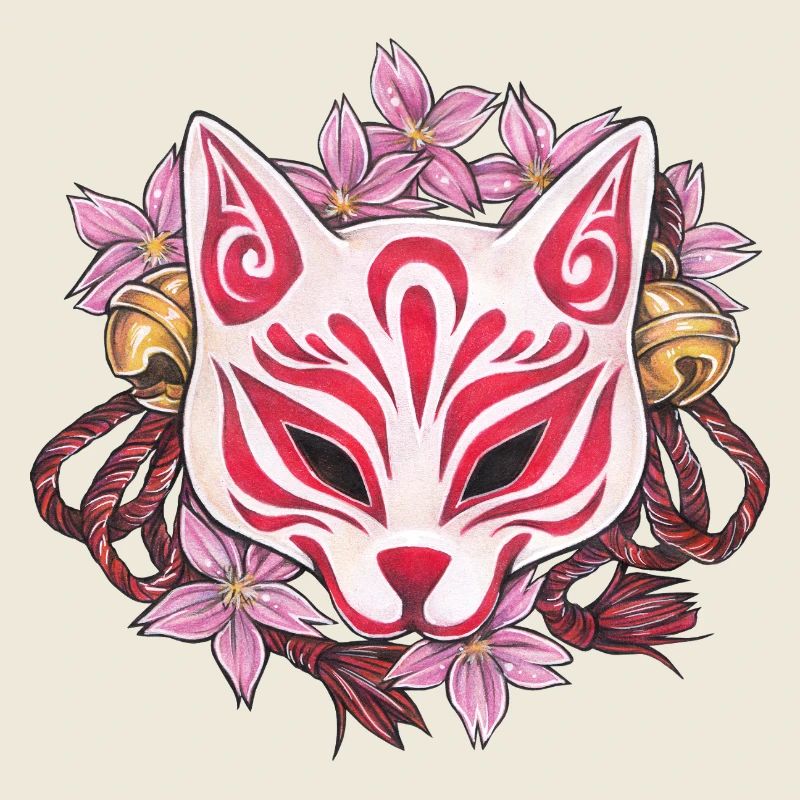 Masque de Kabuki Great Kitsune Inari avec des fleurs de cerisier