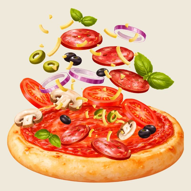 Pizza with salami and vegetables illustration