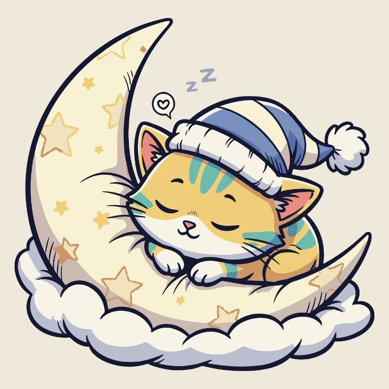 Moon cat dreaming on starry moon