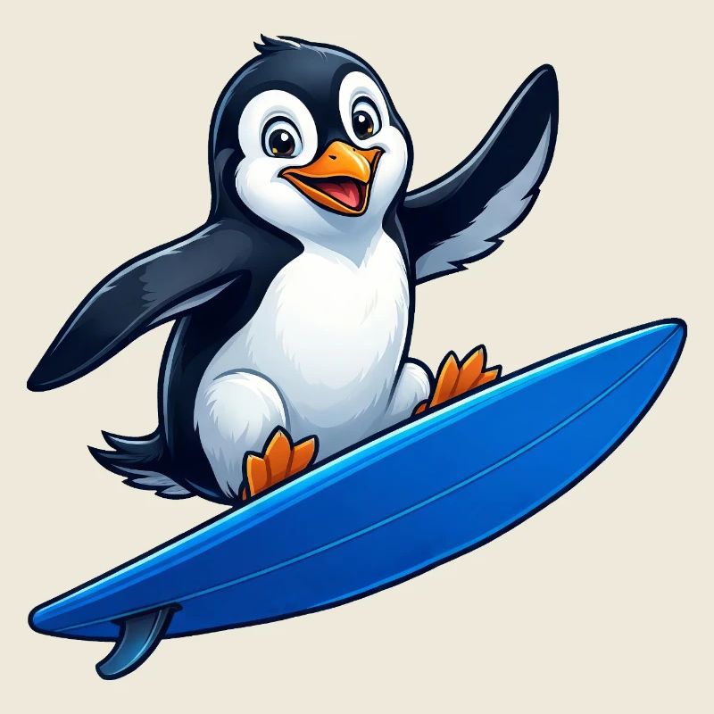 Mignon Pingouin Surfeur Surfant Eau d’Été